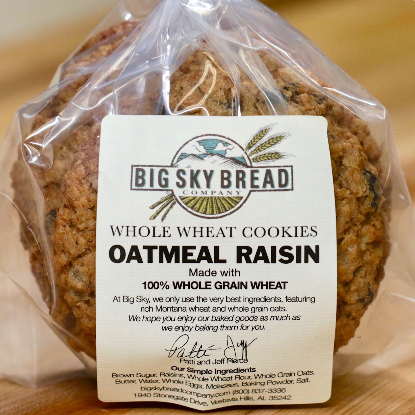 Soon to be world famous! Our whole wheat cookies are made with the best ingredients available, whole grain oats, Montana wheat flour, pure cream butter, molasses, and loaded with SunMaid California Raisins. Big Sky Bread Company Whole Wheat Cookies