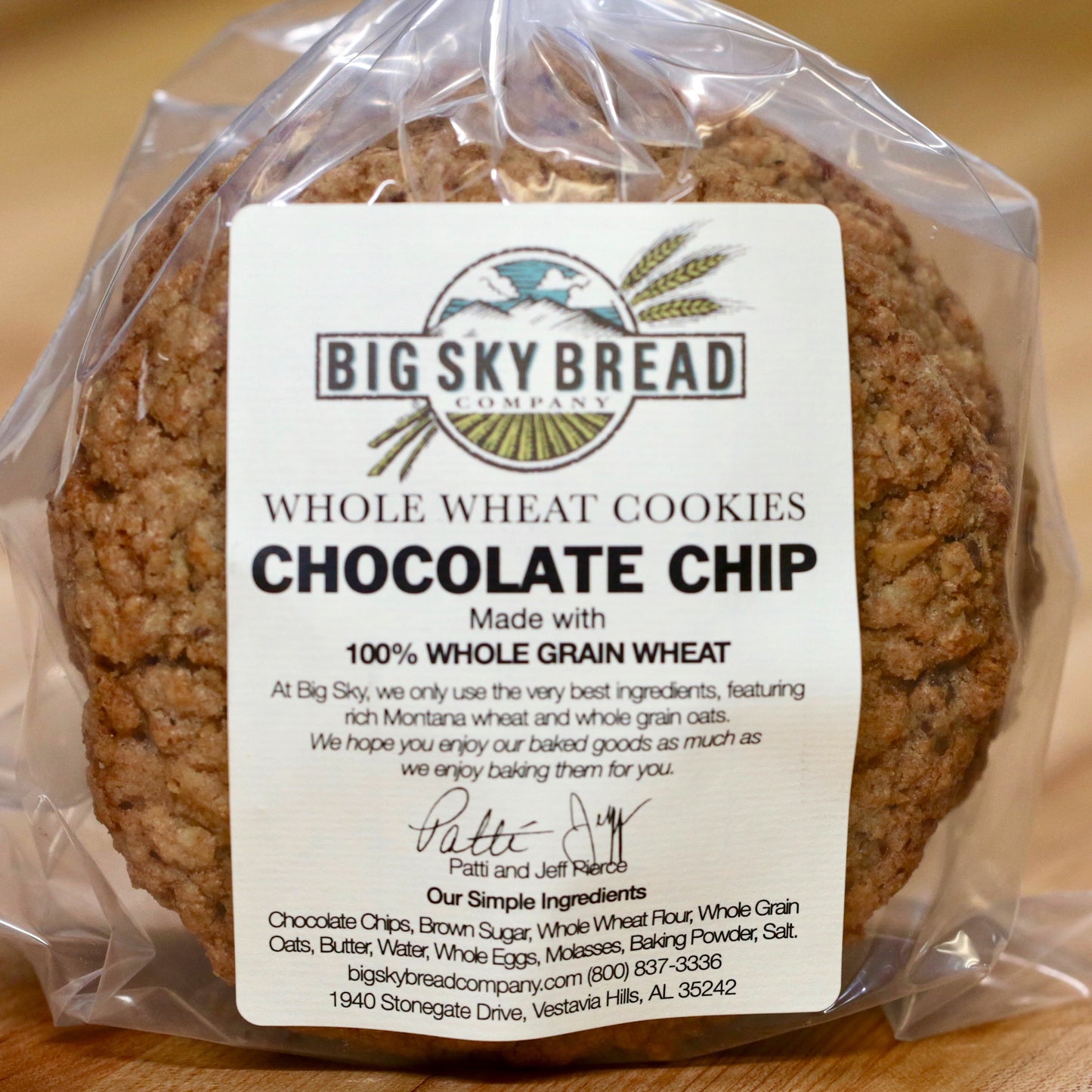Soon to be world famous! Our whole wheat cookies are made with the best ingredients available, whole grain oats, Montana wheat flour, pure cream butter, molasses, and loaded with chocolate chips. Our best selling cookie! Big Sky Bread Company Whole Wheat Cookies